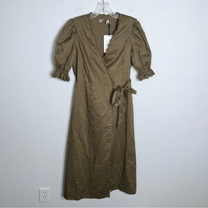 Coach Midi Dress Women’s 4 Eyelet Wrap Milkmaid Cottage Pockets Olive FF